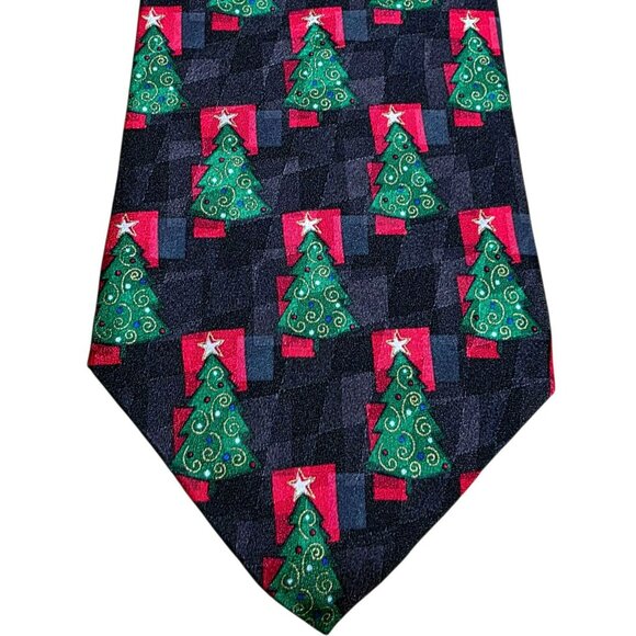 VTG Silk Christmas Tree Neck Tie Black Green Red Gold Holiday Party Hallmark USA - Picture 2 of 7